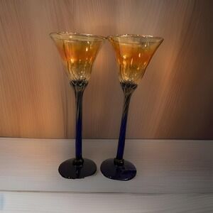 Rick Strini Amber/Cobalt Blue 2 Wine‎ Glasses USA Handblown Signed Art Glass 10"